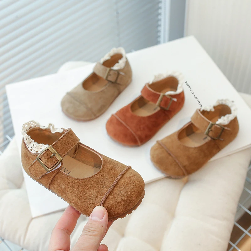 Spring Autumn Kids Flats Shoes Lace Ruffles Little Girls Princess Suede Shoes Soft Hook Loop Non Slip Children I02013