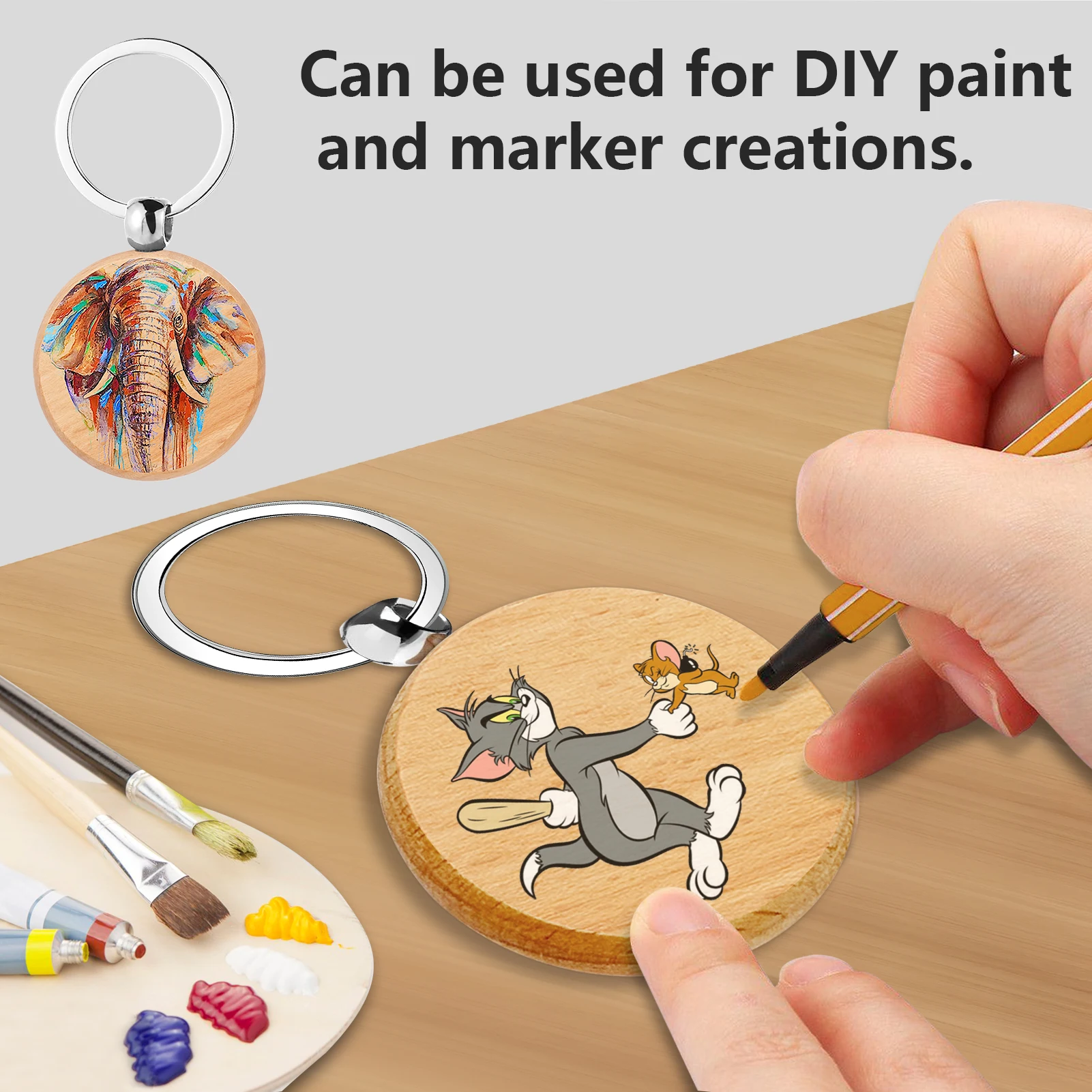 레이저 각인 기계에 적합한 빈 원형 나무 열쇠고리 목공 DIY 재료