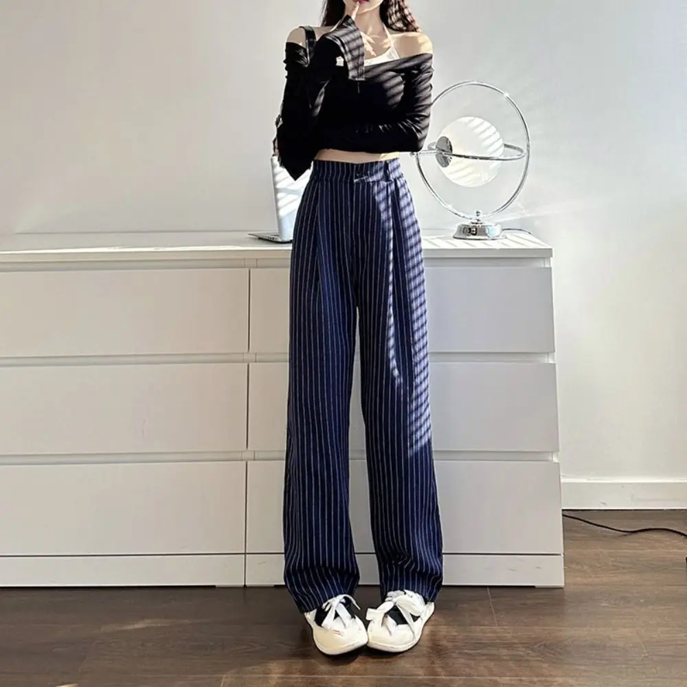 Retro Loose Stripe Straight Leg Pants Workout Trousers High Waist Wide Leg Pants Drape Feeling Autumn Casual Pants Women Female