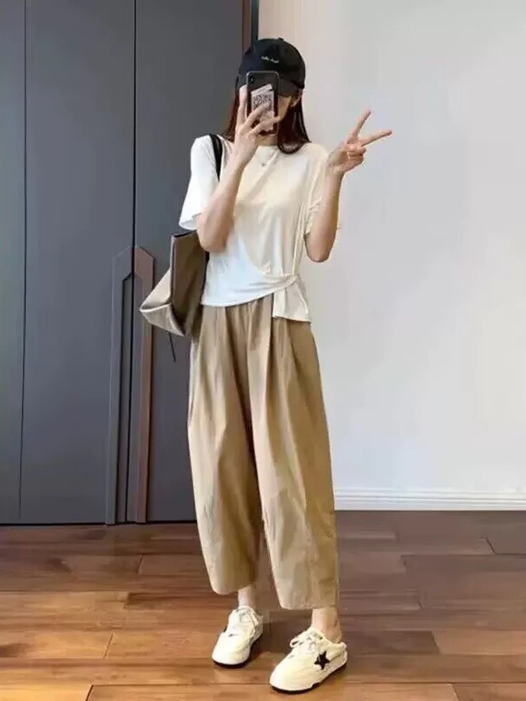 임산부용 루즈핏 할란 팬츠 얇은 여름용 면 폴리에스터 원단 임산부 캐주얼 팬츠 편안한 배 부분이 꽉 조이지 않는 작은 체형용