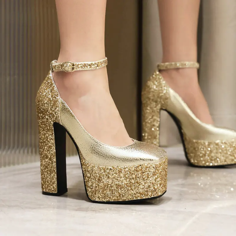 

Genuine Sheepskin Leather Insole Glitter Shiny Gold Silver Closed Toe Women Party Shoes Block High Heels Platform Mary Janes
