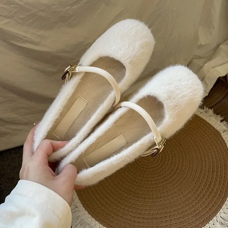 Women's Fashion Flat Cotton Shoes Autumn Winter New Pointed Soft Sole Anti-slip Single Shoes Luxury Plush Flat Mary Jane Shoes