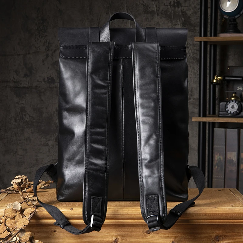 Handmade Full Grain Cowhide Leather 16 inch Laptop Bag Genuine Leather School Backpack Daily Casual Travel Bag Fashion Rucksack