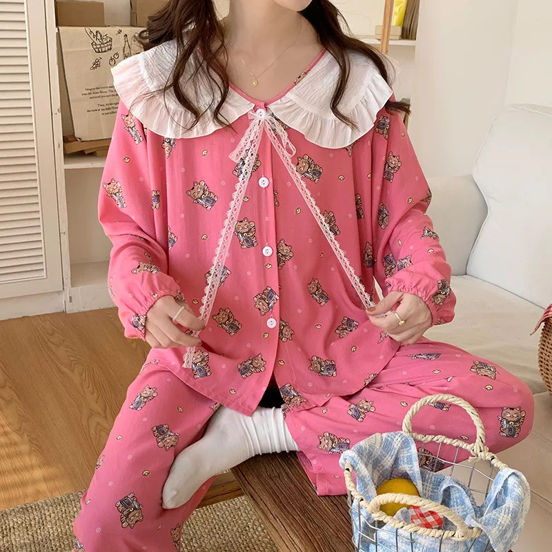 Long Sleeved Pants Pajamas Suit Round Neck Doll Collar Cardigan Nightie French Princess Style Lace Ribbon Cotton Silk Home Wear