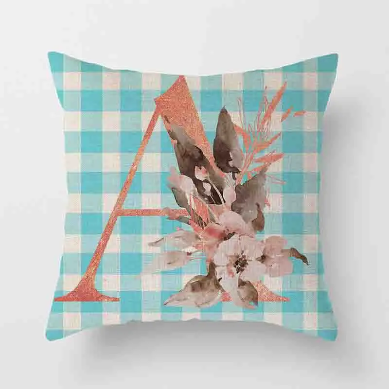 

New Sky Blue Plaid English Alphabet Densified Linen Pillowcase