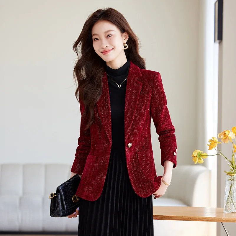 Spring Autumn Women Fashion Slim Gold velvet Long-sleeved Suit Jacket Commuting Business Casual Blazer coat