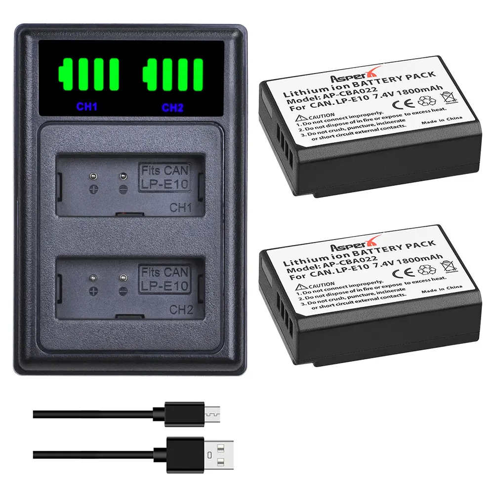 

2x 1800mAh LPE10 LP E10 LP-E10 Battery + Dual Charger with Type C for Canon 1100D 1200D 1300D 2000D Kiss X50 X70 Rebel T3 T5