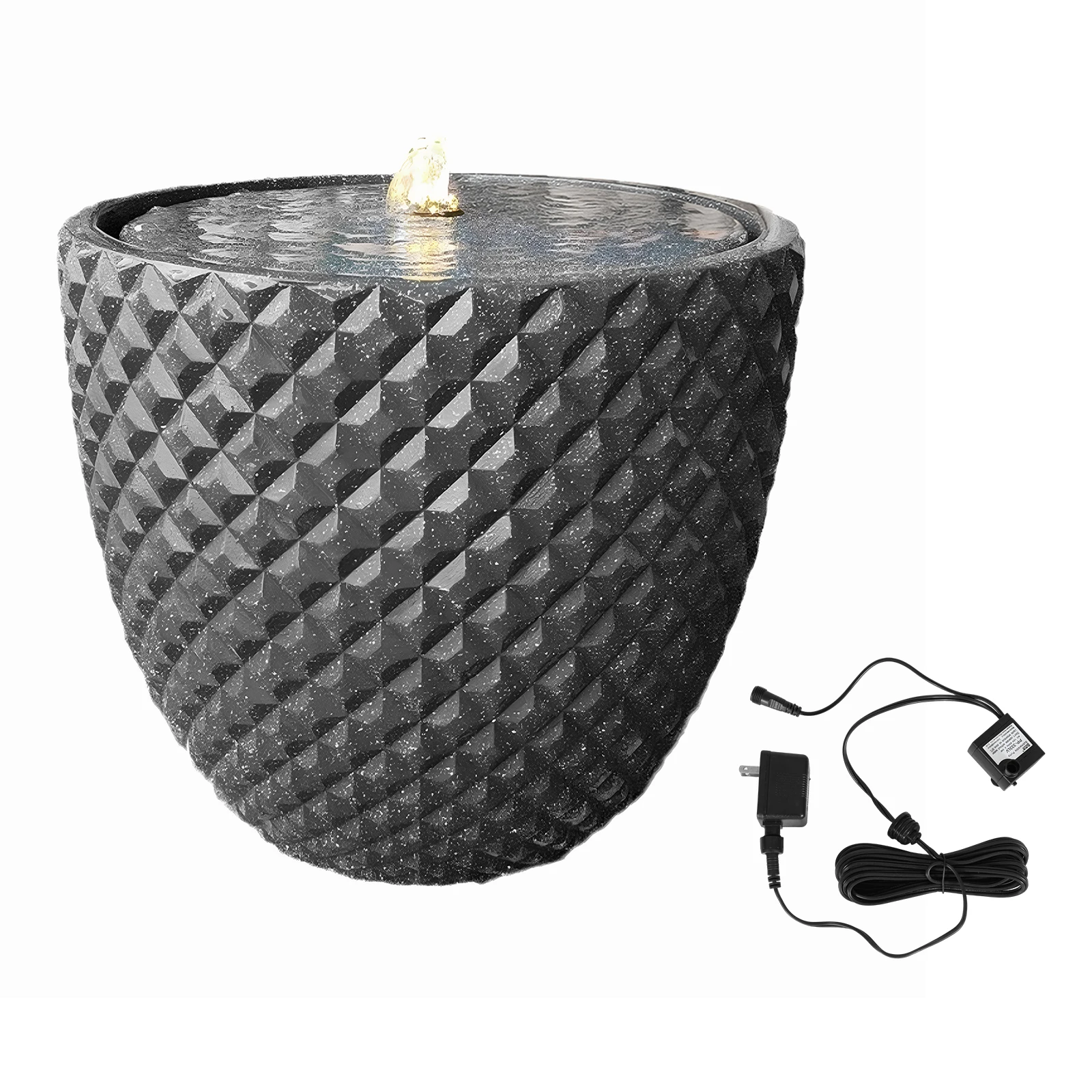 13 Inch High Solar Water Fountain Outdoor Freestanding Fountain Round Stone with LED Lights and Pump for Garden Patio Deck Porch