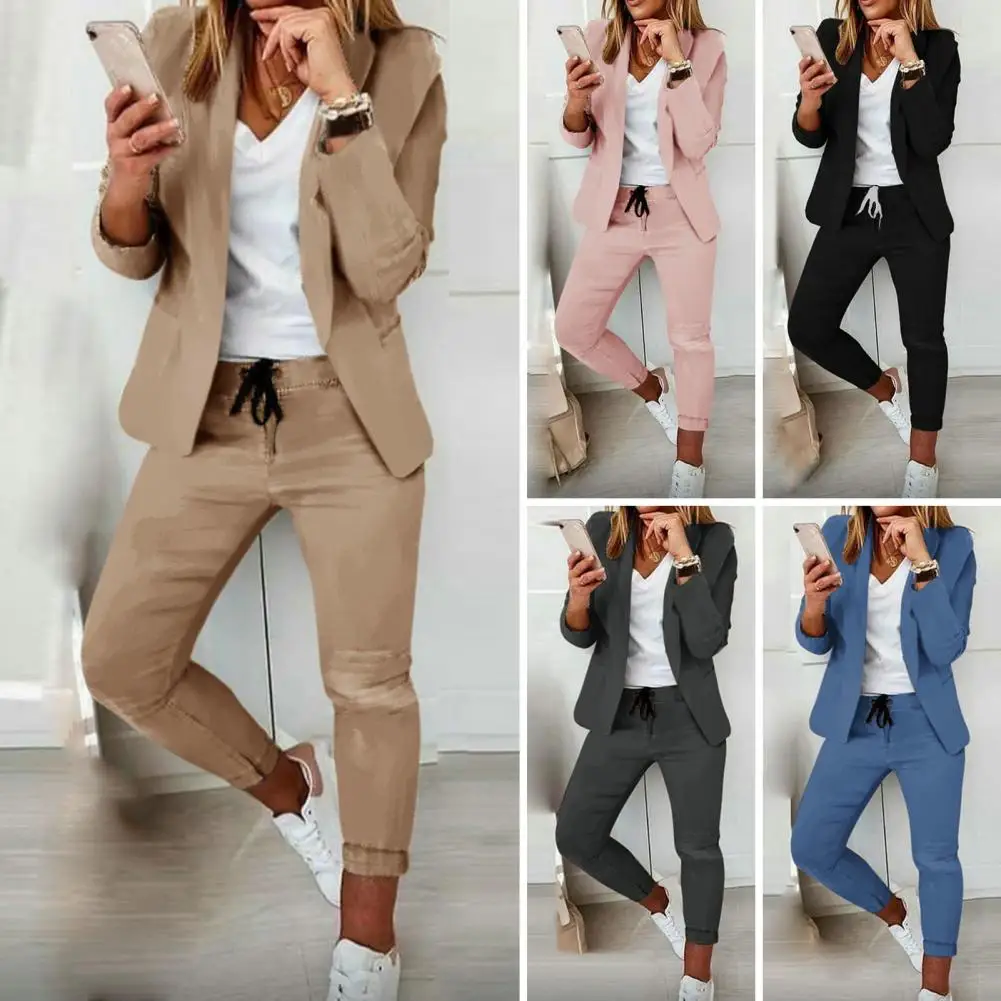 

Solid Color Coat Pants Set Elegant Women's Business Suit Set with Long Sleeves Slim Fit Pants Solid Color Drawstring Elastic