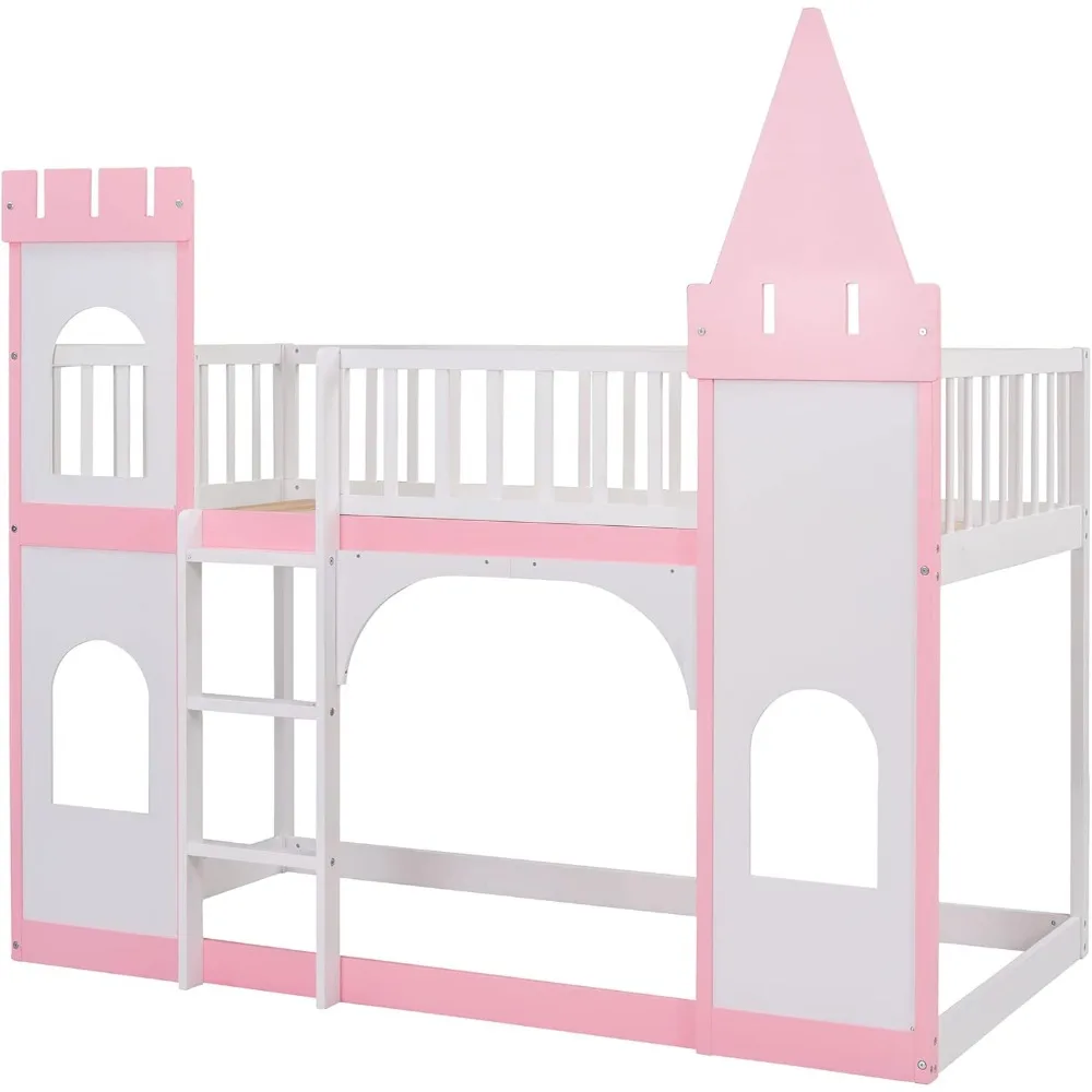 Twin Size Loft Bed Low Bunk Beds,Castle Shaped Wood Bed Frames with Safety Guardrails for Boys or Girls, Pink 5