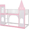 Twin Size Loft Bed Low Bunk Beds,Castle Shaped Wood Bed Frames with Safety Guardrails for Boys or Girls, Pink 5