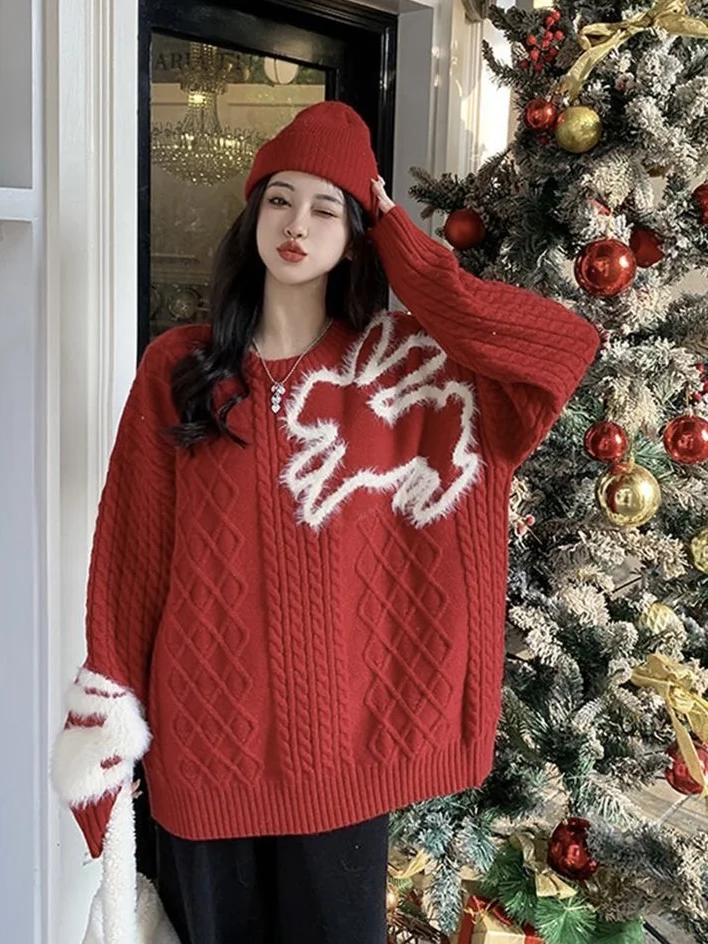 

Осенне-зимний новый свитер с узором в виде кролика, с кружевной текстурой и круглым вырезом, Женская свободная Рождественская трикотажная одежда с вышивкой