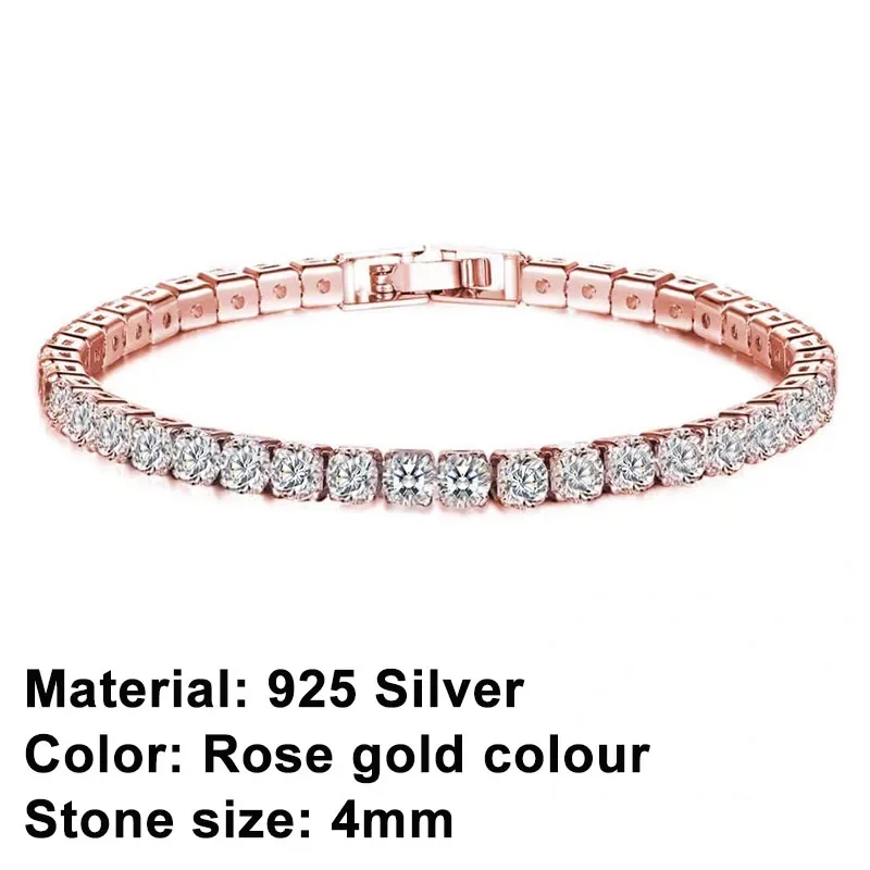 925 Sterling Silver Rose Gold Tennis Bracelet Sparkling Crystal Cubic Zirconia Hip-Hop Luxury Women's Jewelry Surprise Gift
