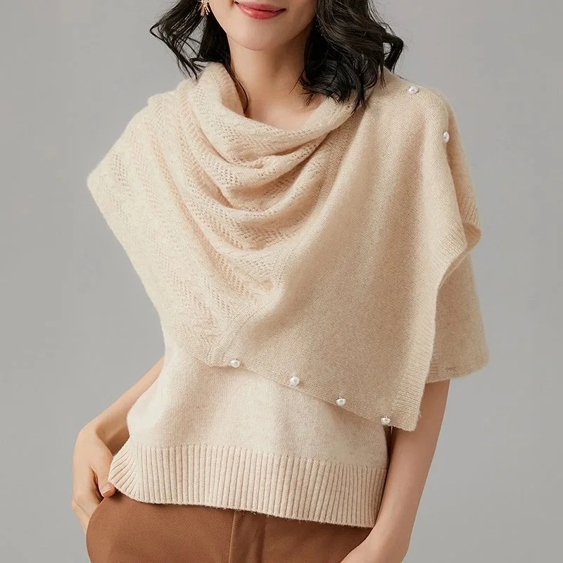 

2022 Spring Autumn New Women's Knitted Shawl Cloak Multifunctional Warm Scarf Versatile Scarf Ponchos Capes Cardigan Beige