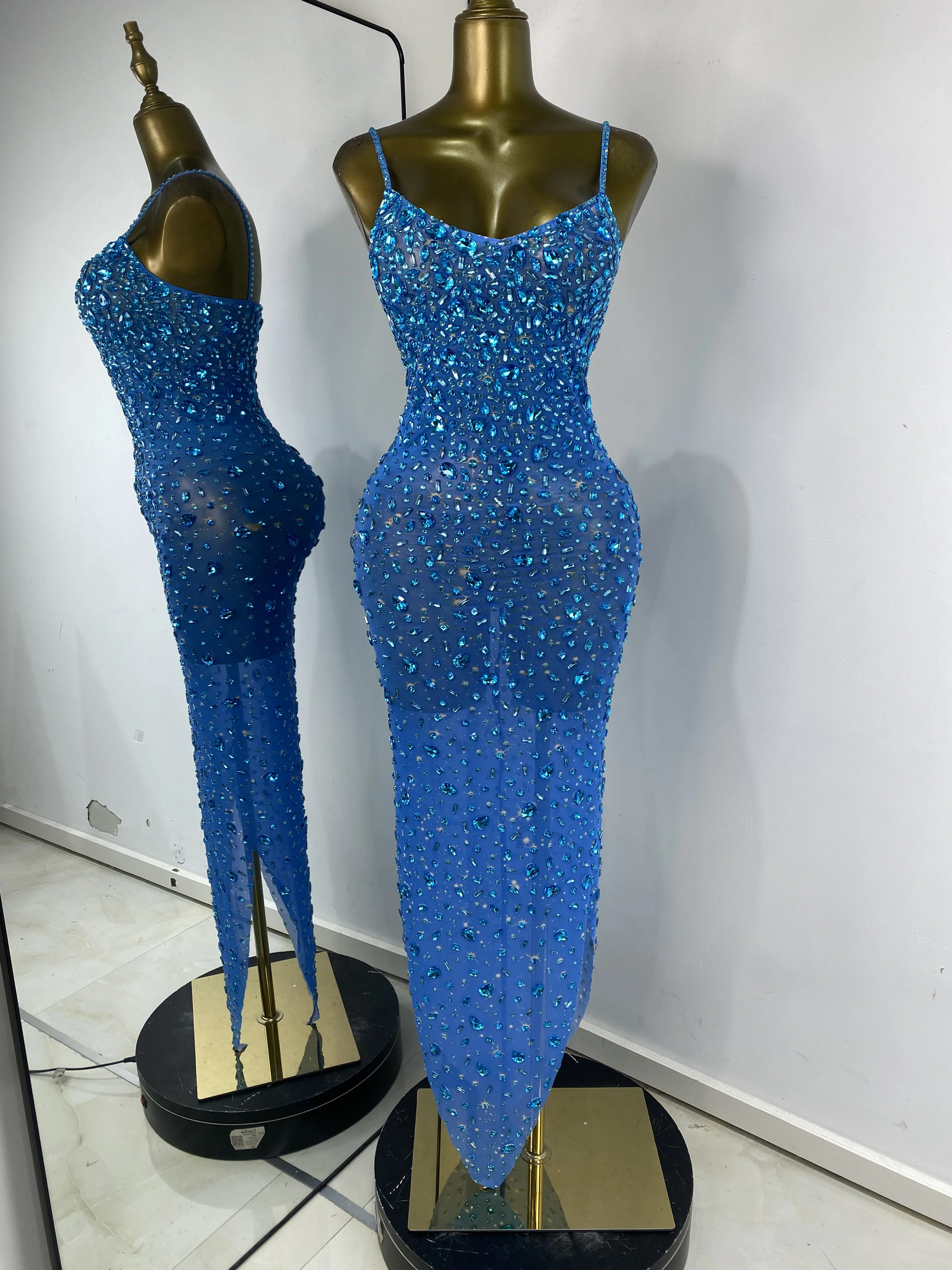 Women Blue Evening Party Dress Sparkly Rhinestones Spaghetti Strap V Neck  Long Asymmetric Mesh Runway Celebrity Gala Dress - AliExpress 200000345