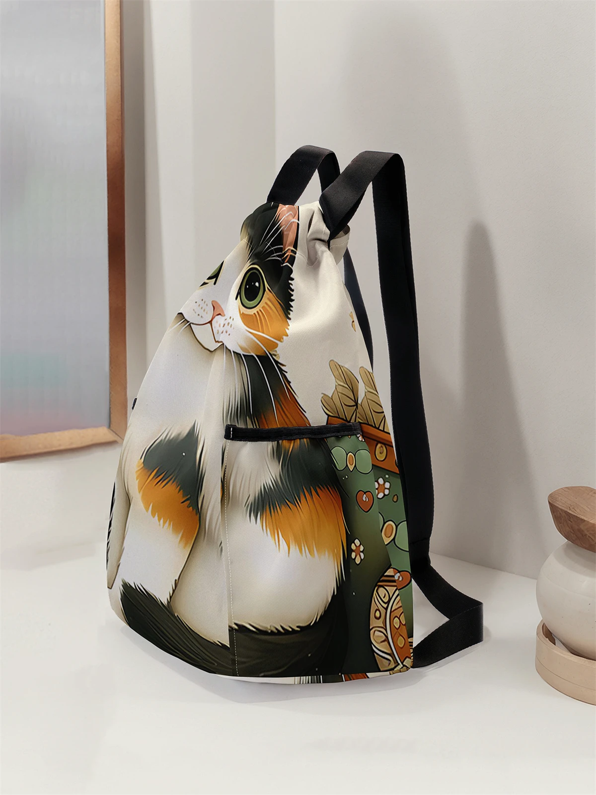 Cat Pattern Printed Drawstring Backpack - Large Capacity Durable Fitness Bag, Sports Beach Backpack