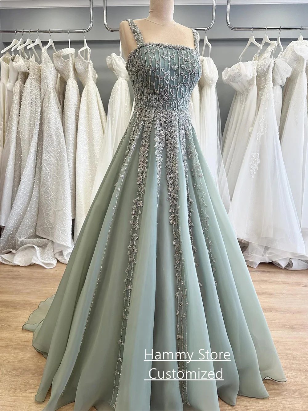 Elegant Formal Evening Dress for Woman Customized Square Neck Sleeveless Beading Sequined A Line Prom Gown with Cape 4