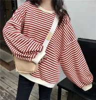 Loose Long Sleeve Striped T-Shirt Fashionable Korean Style for Women Brave Flavor Girl Top Polyester Fiber Batwing Sleeve Crew N