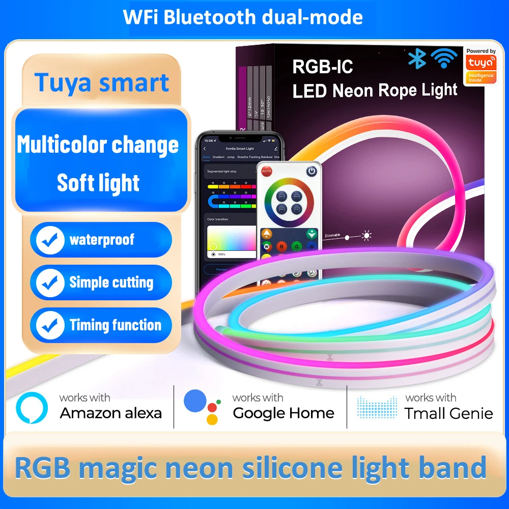 

Tuya WIFI Smart LED Neon Strip Silicone LED Light Music Remote Control APP Voice Timing Strip Light DIY Mode RGB Light