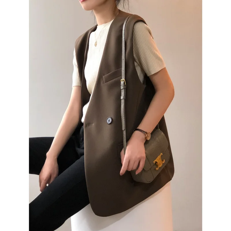 

South Korea fashion women's suit autumn loose mid-length sleeveless vest cardigan black women's coat top