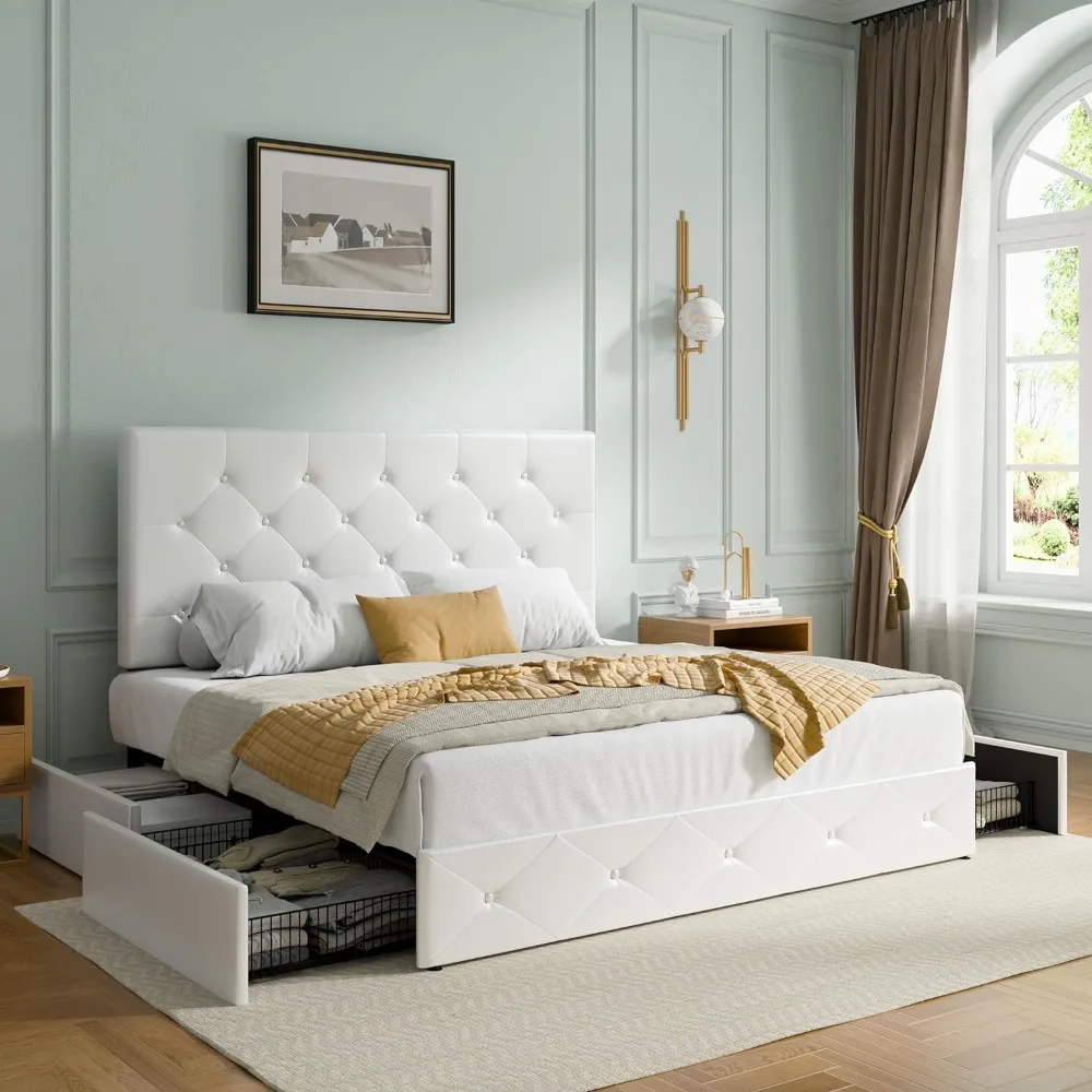 

Upholstered Queen Platform Storage Bed Frame with 4 Drawers, Adjustable Headboard, Wooden Slat Support, No Box Spring Needed