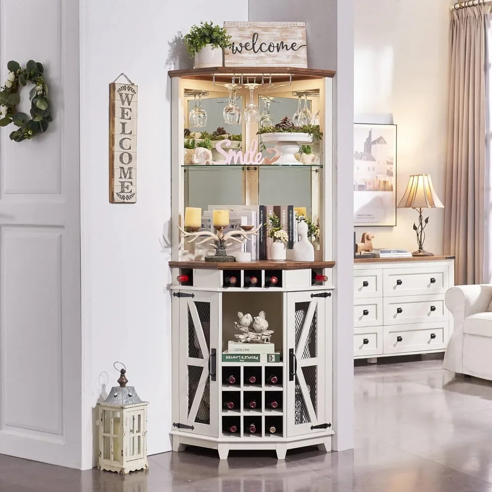 Bar Cabinet, Cabinets with Barn Door & Adjustable Shelf, Home Bars Cabinets with LED Light & Glass Rack, Bar Cabinet