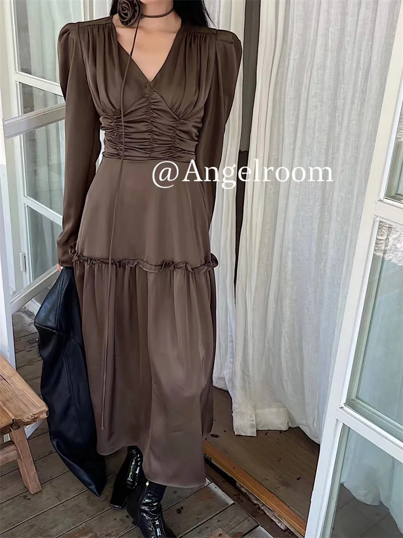 Autumn Satin Midi Dresses for Women Long Sleeve V-neck Folds Design A-line Korean Fashion Office Lady One Piece Vestidos New