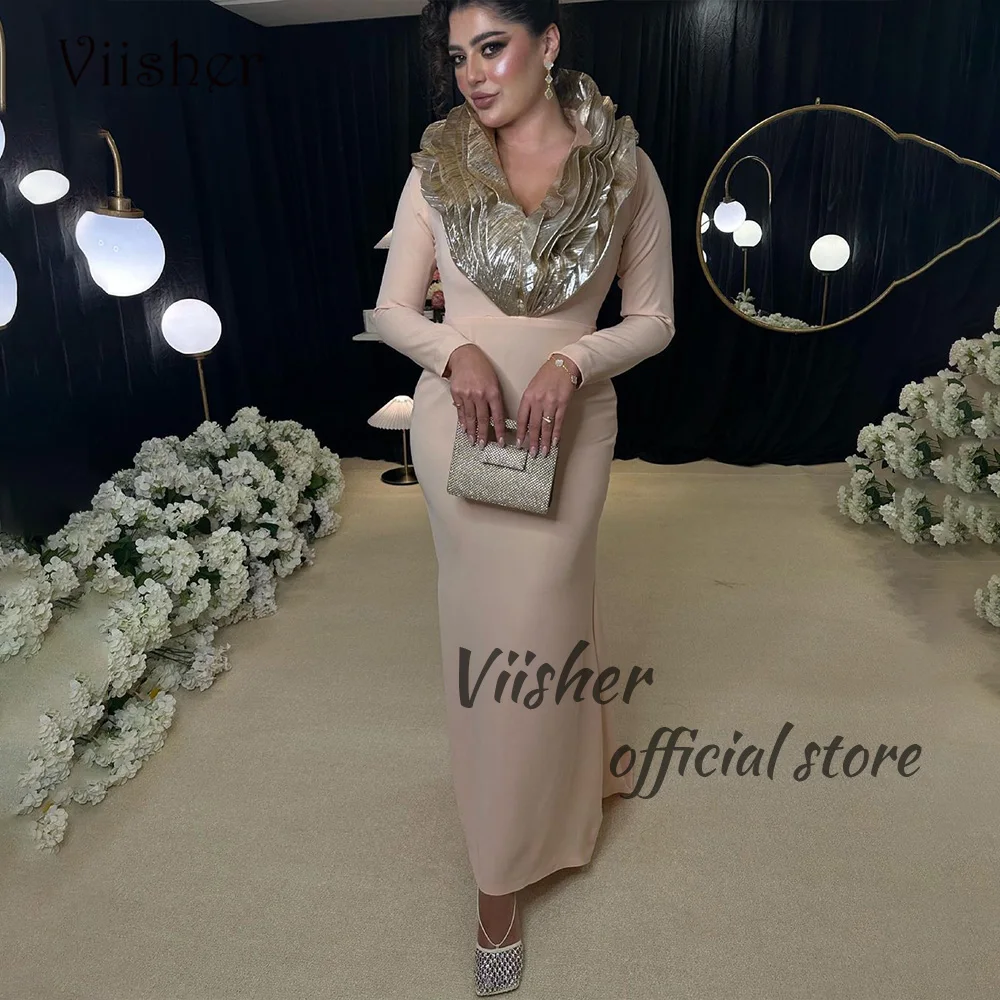 

Viisher Arabic Dubai Mermaid Evening Dresses Long Sleeve V Neck Outfits Prom Dress Floor Length Evening Party Dress with Train