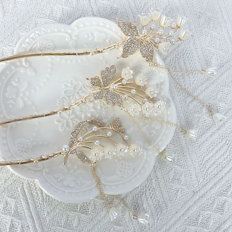 

Luxury Lily of The Valley Flower Pearl Hair Claw Wome Rhinestones Butterfly Tassel Hair Clip Gentle Elegant Hair Accessoires