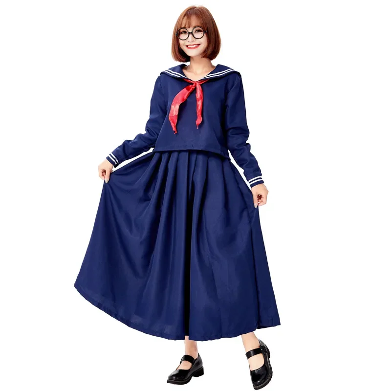 

Cute Campus Women Japanese School Uniform Dark Blue Long Sleeve V-Neck Navy Sailor Costume Blouse Pleated Long Skirt Red Tie Set