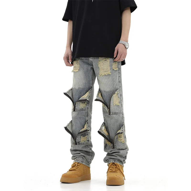 

Hip Hop Vintage Ripped Casual Jeans Pants Washed Harakuju Streetwear Denim Trousers For Male Patchwork