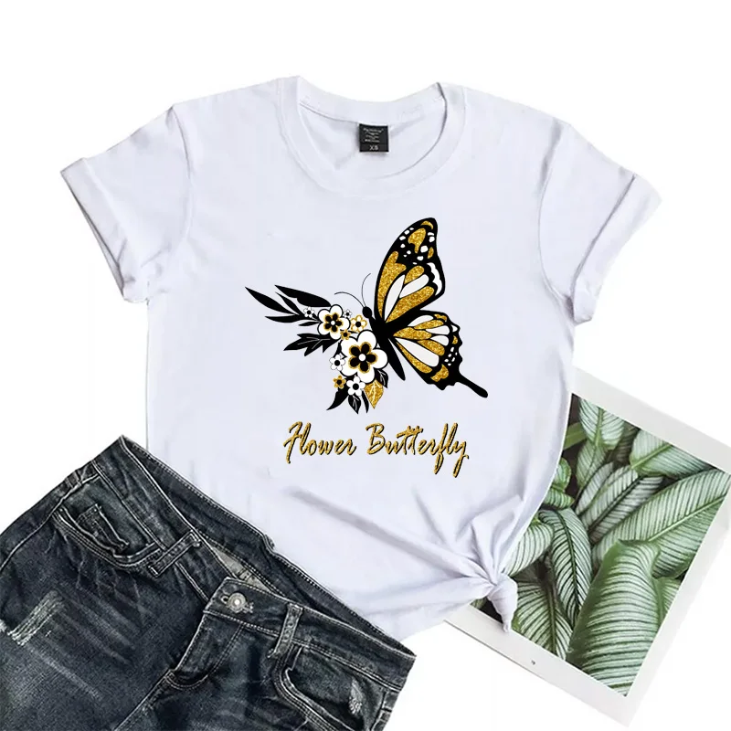 

Fashion Butterfly Flower Pattern Print Tee Short Sleeve Street Style Tee
