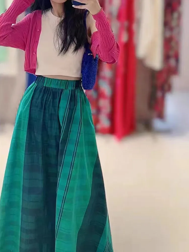 

Women Fashion Plaid Midi Skirt Early Autumn Elastic High Waist Loose Casual A-Lien Female Retro Long Jupe 2023 New