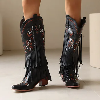GIGIFOX Retro Tassel Embroidered Cowgirl Mid-Calf Women Western Boots Pointed Toe Chunky High Heel Cowboy Cool All-Match Shoes 6
