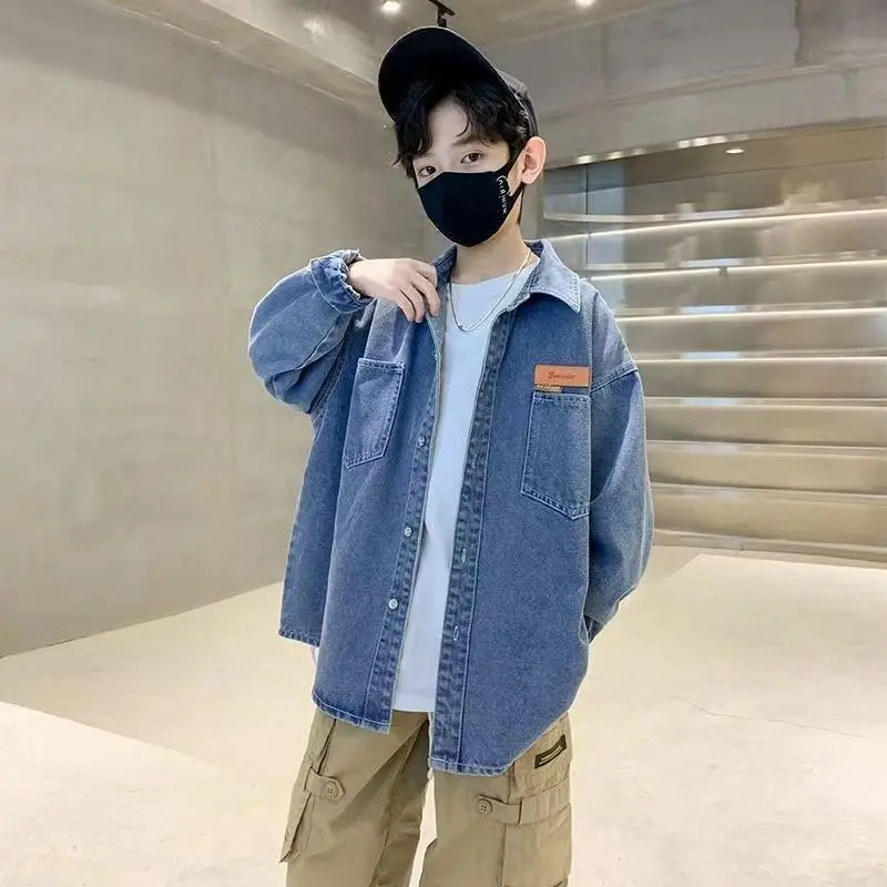 2025년 신상 남아 데님 셔츠 재킷 봄 가을 긴팔 스트리트웨어 스타일 빅 키즈 ..
