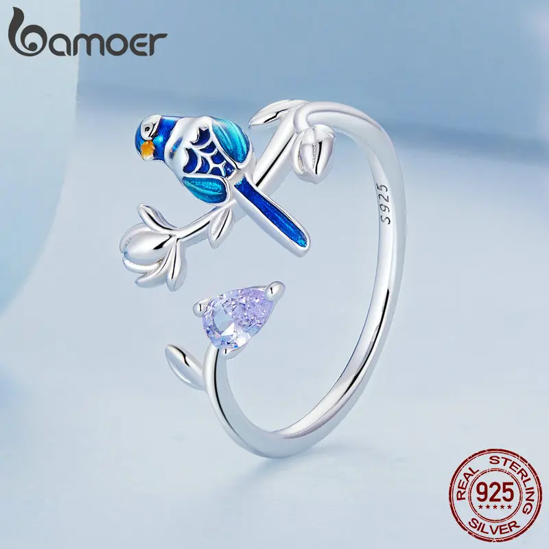 Bamoer 925 Sterling Silver Exqusite Blue Bird Ring Per Le Donne Fine Jewelry Dainty Leaf Open Ring Fashion Wedding Gift Bsr288
