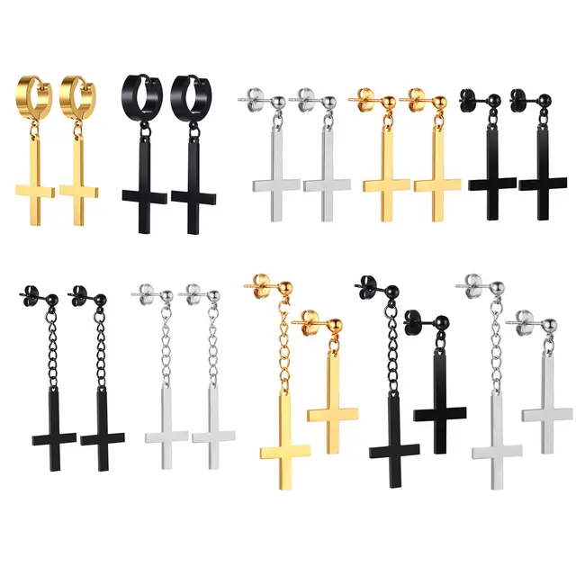 BONISKISS Men Women Stainless Steel Inverted Upside Down Cross Earring Church of Satan Temple Occult Satanic Witchy Stud Jewelry 1