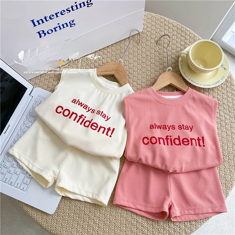 

2023 New Summer Letter Sets for Girls and Boys Tank Top and Shorts Set Leisure Sports Print Suits Sleeveless Child Clothing Suit