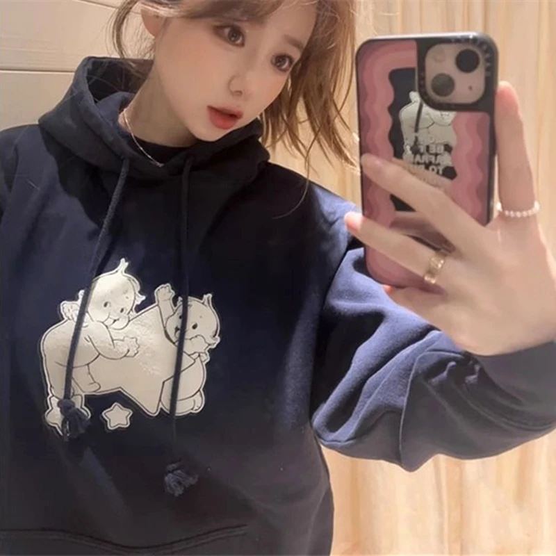 

Korean College Student Lady Kawaii Star Angels Chic Hoodies Oversized Comfort Winter Warm Sweatshirt Y2K Top Harajuku Streetwear
