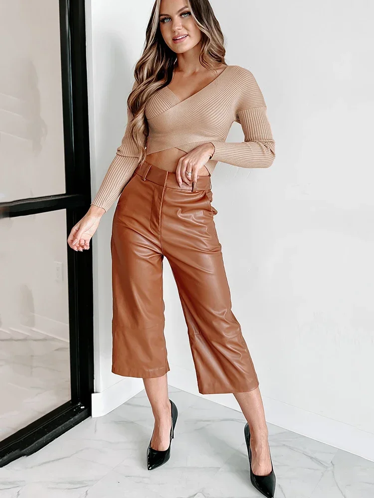 Women High Waist Faux Leather Capri Pants Casual Wide Leg PU Yoga Pants With Pocket Ladies Loose Harem Pants Custom Clubwear New ladies jeans mom jeans large size carrot pants washed stitching elastic waist frayed harem pants boyfriend pants