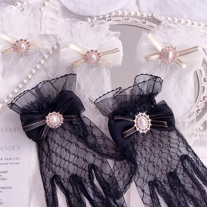 

Japanese Soft Girl Black White Lace Gloves Girl gothic Lolita Mesh Bow Flower Lace Gloves Sweet Wristband Maid Cosplay Jewelry