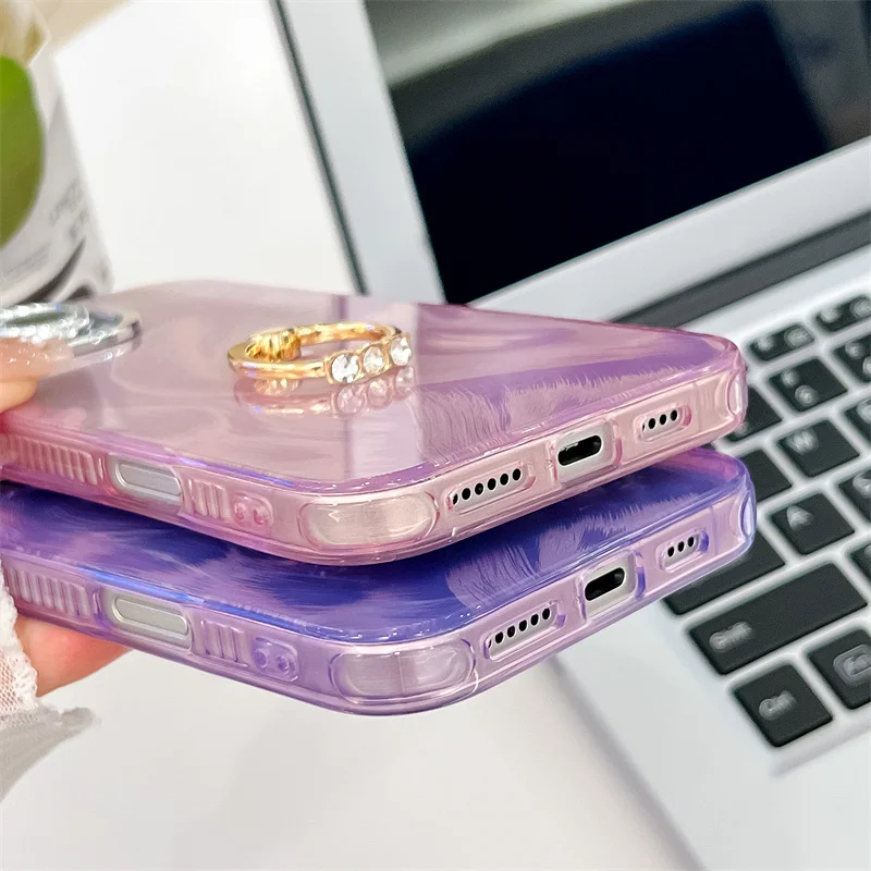 Coque de téléphone Camlet Feather Ring Holder Laser pour iPhone 16 Plus 15 14 13 Pro Max Hard PC Glitter Camera Protection Back Cover_voghion.com