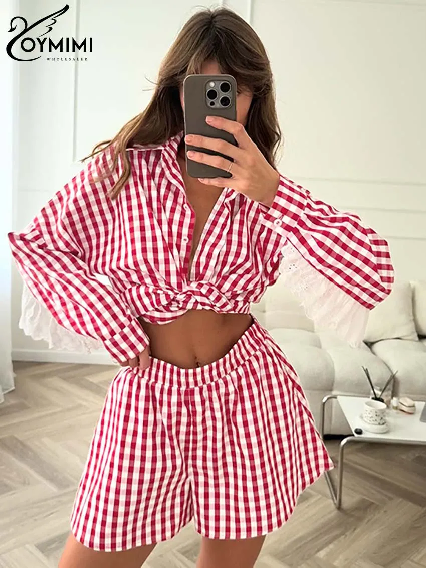 Oymimi Casual Red Plaid Print 2 Piece Sets Women Outfit Summer Long Sleeve Lace Patchwork Shirts + High Waist Shorts Female Sets