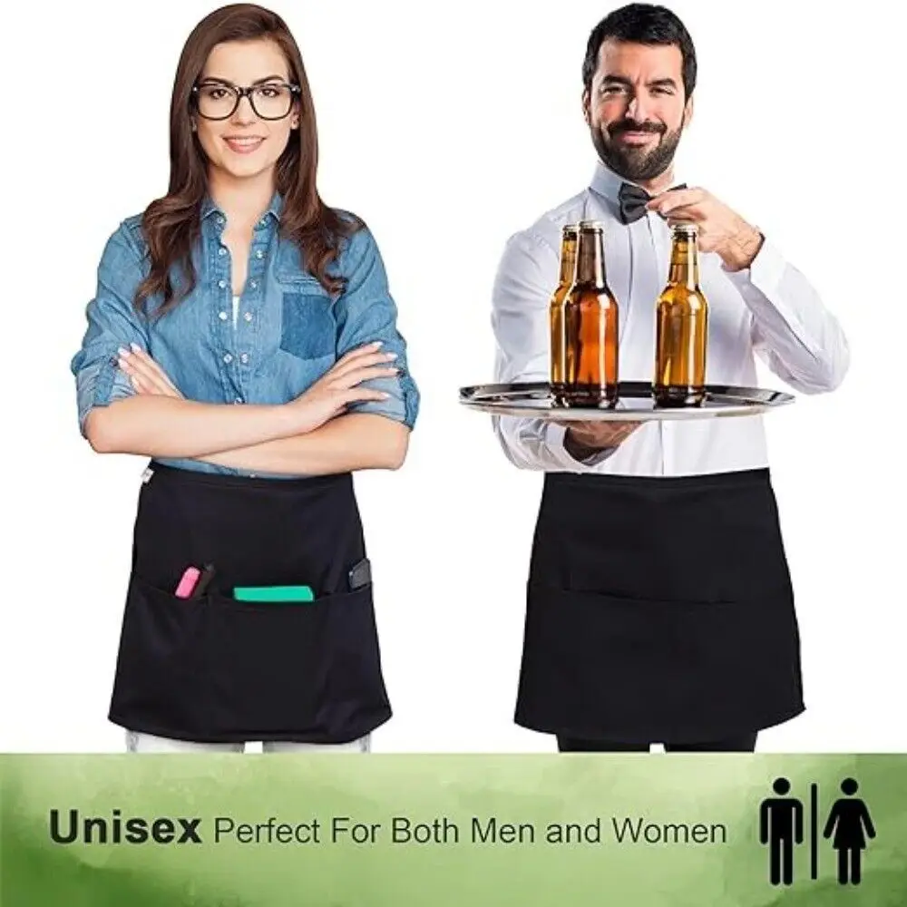 Fashion Short Small Apron 3 Pockets Waist Apron Black Waterproof Waitress Half Apron