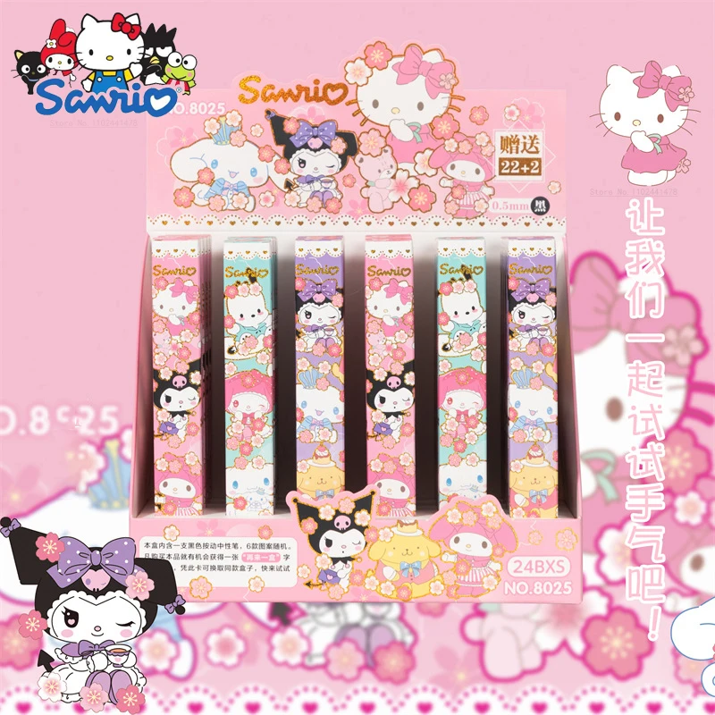 

24pcs/set Sanrio Cartoon Gel Pen Neutral Pen Kuromi Melody Cinnamoroll Kawaii Roller Ball Pen Display Box Stationery Wholesale