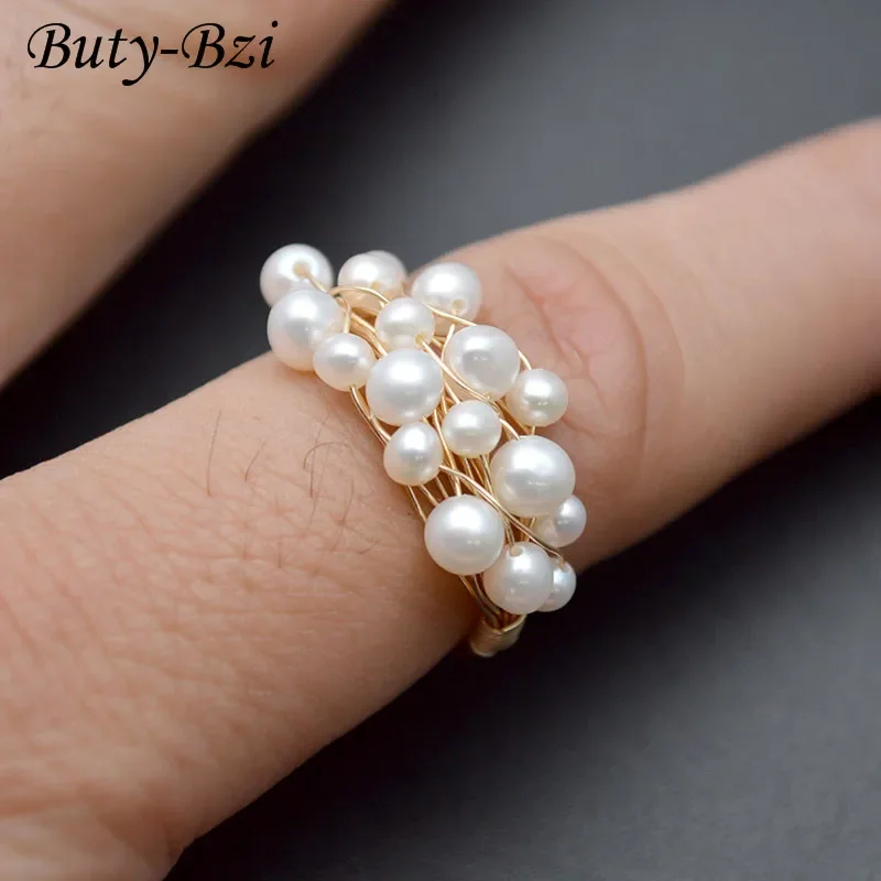 Handmade Natural Pearl Roundle Beads Wire Wrapped Lacework Multi Rows Rings Fashion Woman Jewelry