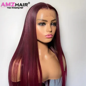 99J Straight 13x4 Lace Frontal Wigs Human Hair Brazilian Burgundy Red Colored Human Hair Wigs Preplucked 4x4 Lace Closure Wig 1