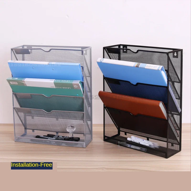 5 Layer Metal Mesh Wall-Mounted Magazine Rack, Office Desk File Organizer, Archive Storage Black Shelf, Space-Saving Solution