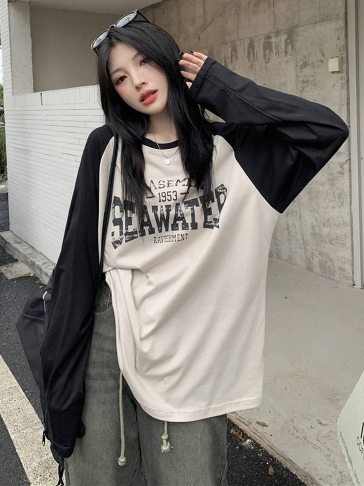 미국 빈티지 라글란 소매 컬러 매칭 긴 소매 셔츠, 여성 이너웨어 봄/가을 중간 길이 라운드넥 루즈 슬리밍 상의