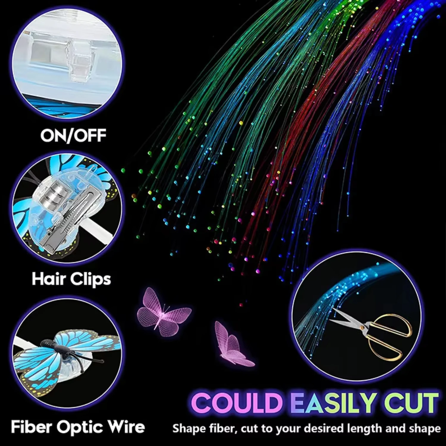 LED Party Colors Light Up Fiber Optic Hair Barrettes Clip Hairpin Silk Flash Braids 5pcs